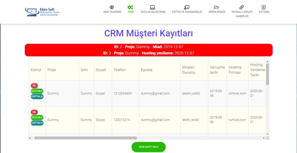 CRM Müşeri Kayıtları Veritabanı Ekran Görüntüsü
